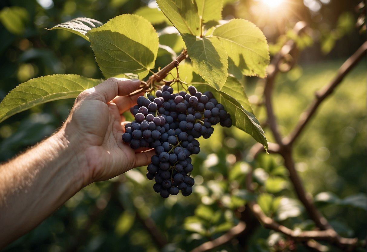 A hand reaching for ripe beautyberries on a bush, with a basket nearby for collecting. The sun shines through the leaves, casting dappled shadows