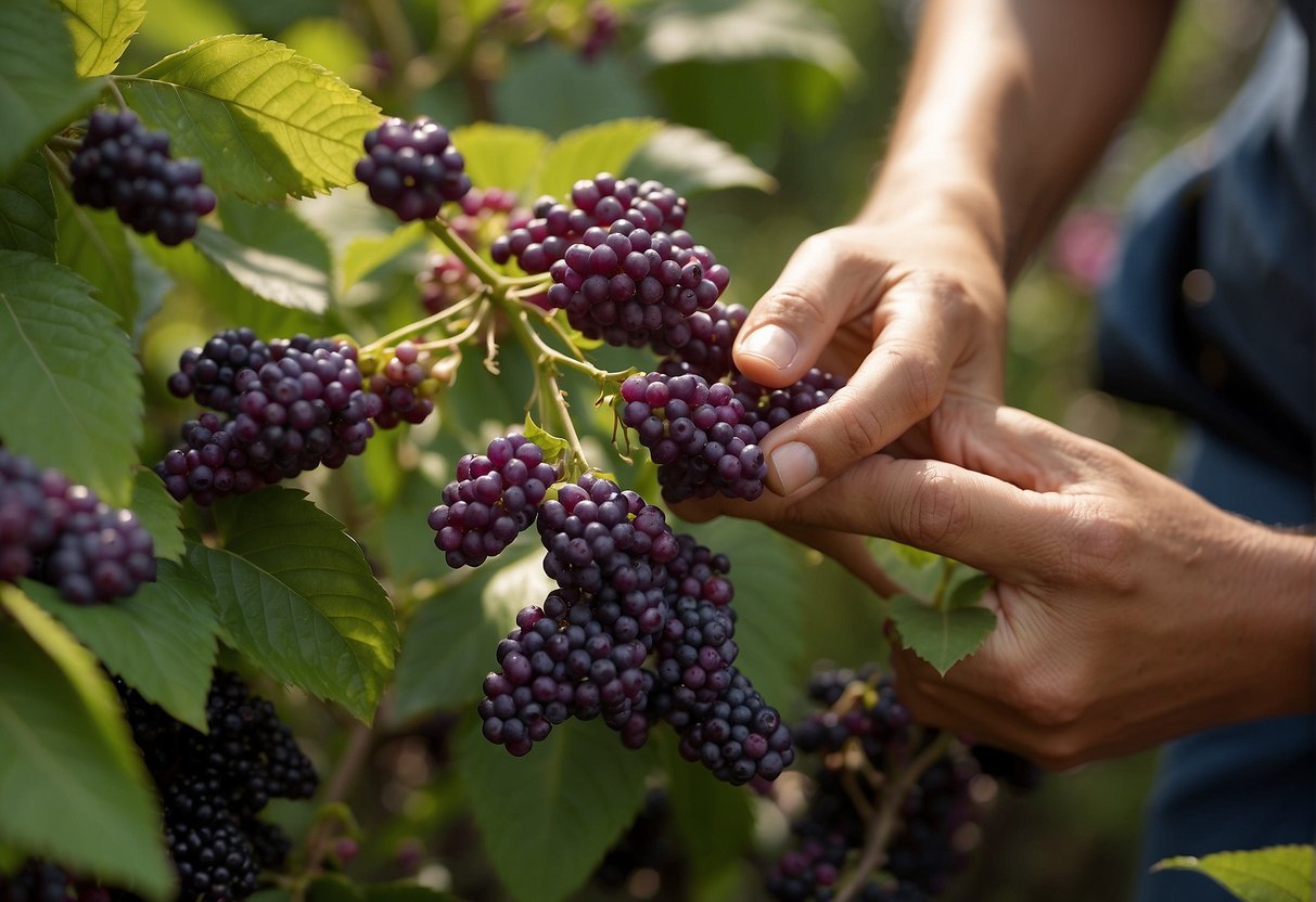 A gardener gathers ripe beautyberries, carefully removing them from the stems. Nearby, young beautyberry plants are being propagated through cuttings
