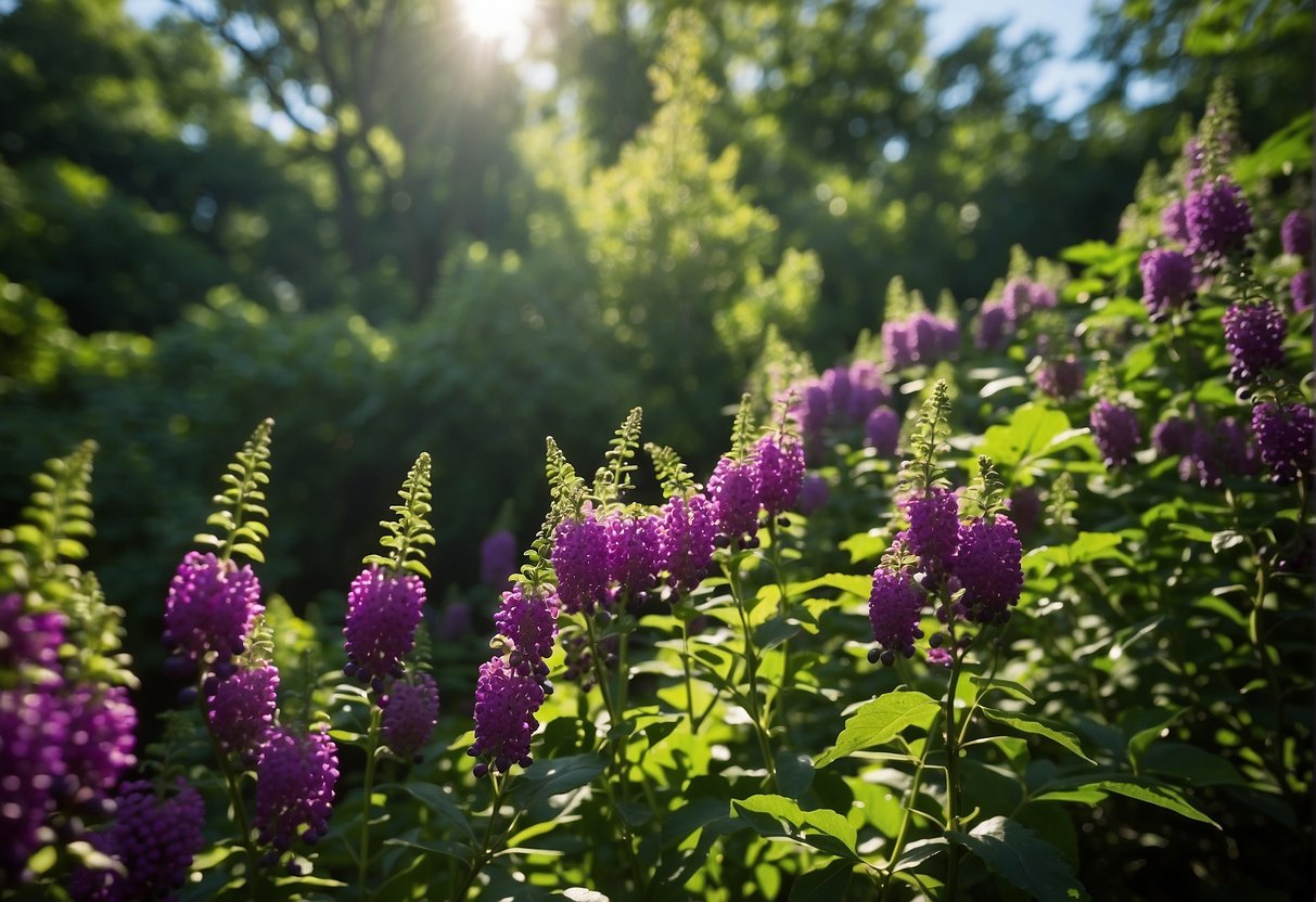 A lush green garden with vibrant purple American beautyberry bushes in full bloom, surrounded by tall trees and a clear blue sky