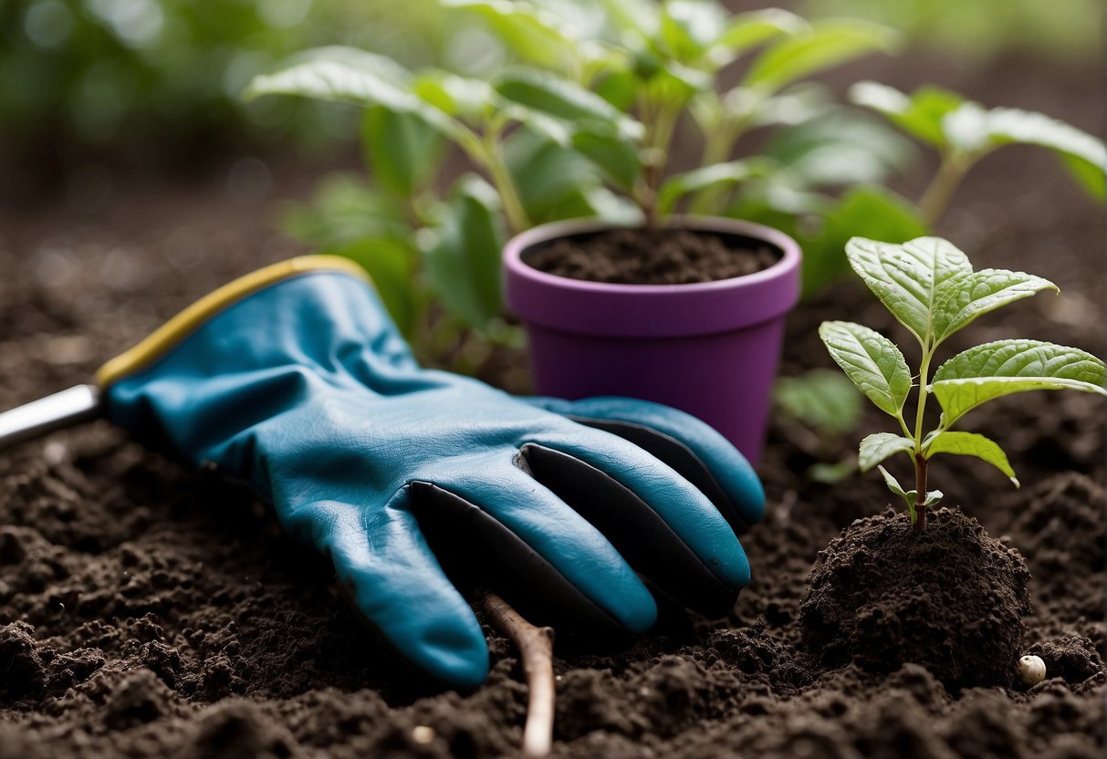 A pair of gardening gloves holds a small cutting of a beautyberry bush, while a pair of pruning shears trims the stem. Nearby, a pot filled with rich soil awaits the new plant
