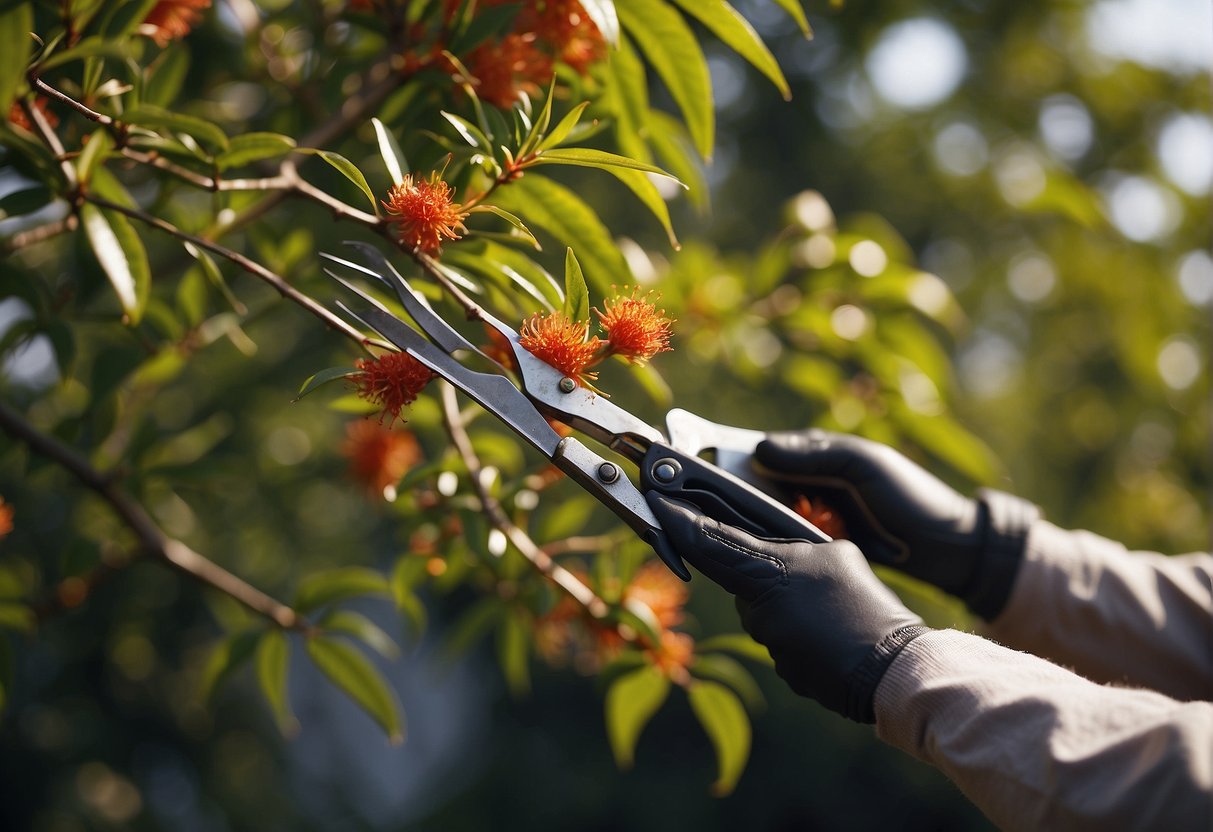 Firebush branches being carefully pruned with sharp shears. Debris is neatly collected and disposed of
