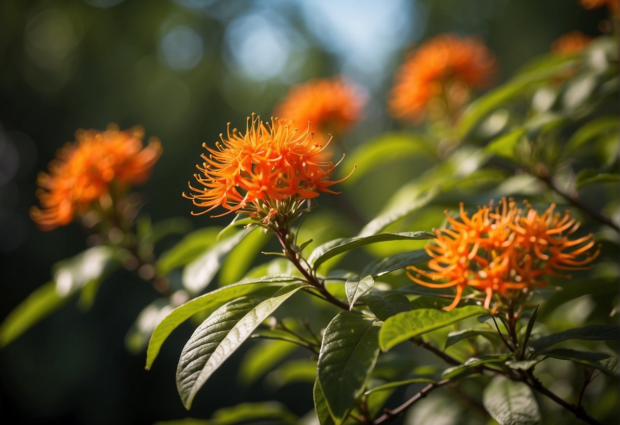 A firebush stands tall with vibrant red-orange flowers, surrounded by lush green leaves. Bees buzz around the blossoms, while butterflies flit from one bloom to the next