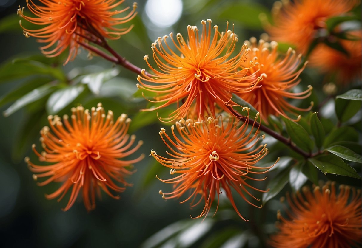 A firebush plant thrives in a tropical forest, with vibrant red-orange flowers attracting hummingbirds. It is commonly found in Central and South America
