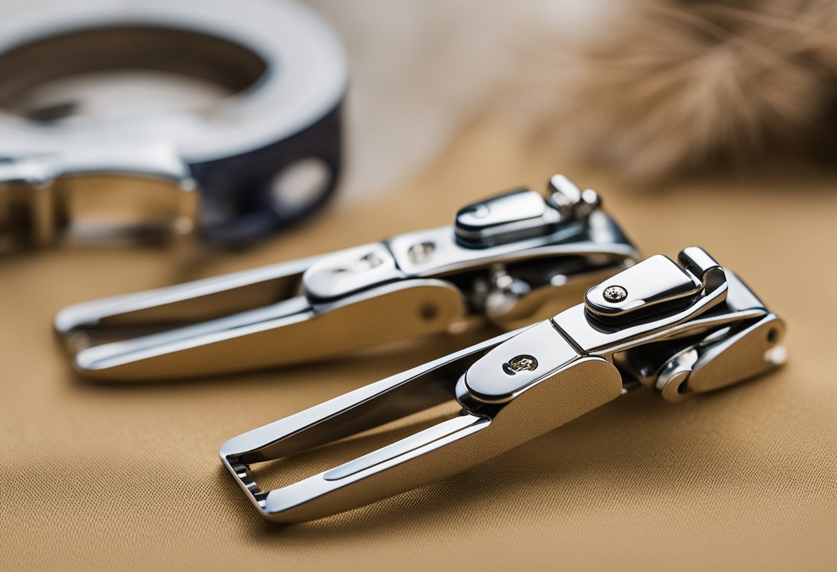 A pair of nail clippers for cats sitting on a clean, brightly lit surface, with a small cat paw nearby