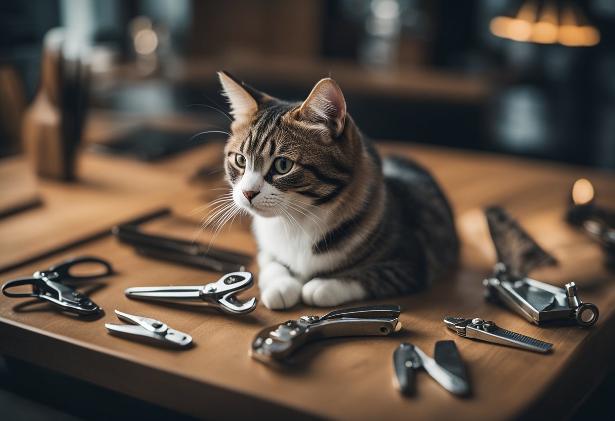 A cat sits on a table with various types of nail clippers displayed next to it. The clippers include guillotine, scissor, and rotary styles