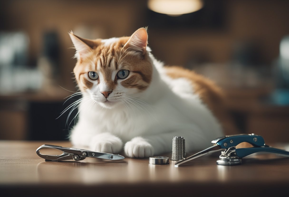 A cat sitting on a table, with a variety of nail clippers displayed next to it. The cat's paws are visible, and there is a sense of calm and comfort in the scene