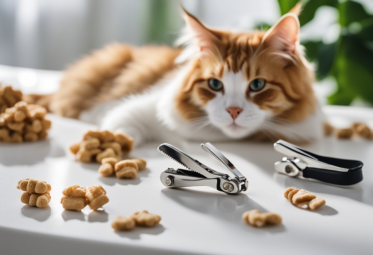 A pair of nail clippers for cats sits on a clean, white table next to a soft towel and a small dish of treats