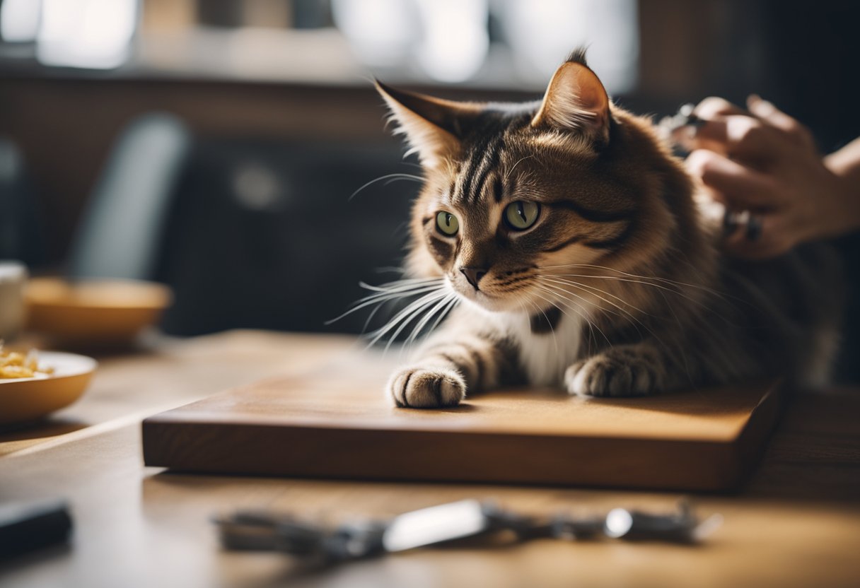 A cat sits on a table, its paw extended as someone uses nail clippers to trim its claws