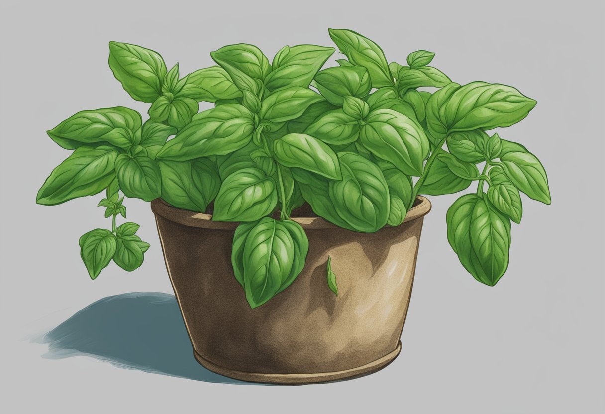 The basil plant hangs limp, leaves wilting towards the soil, in need of water and sunlight