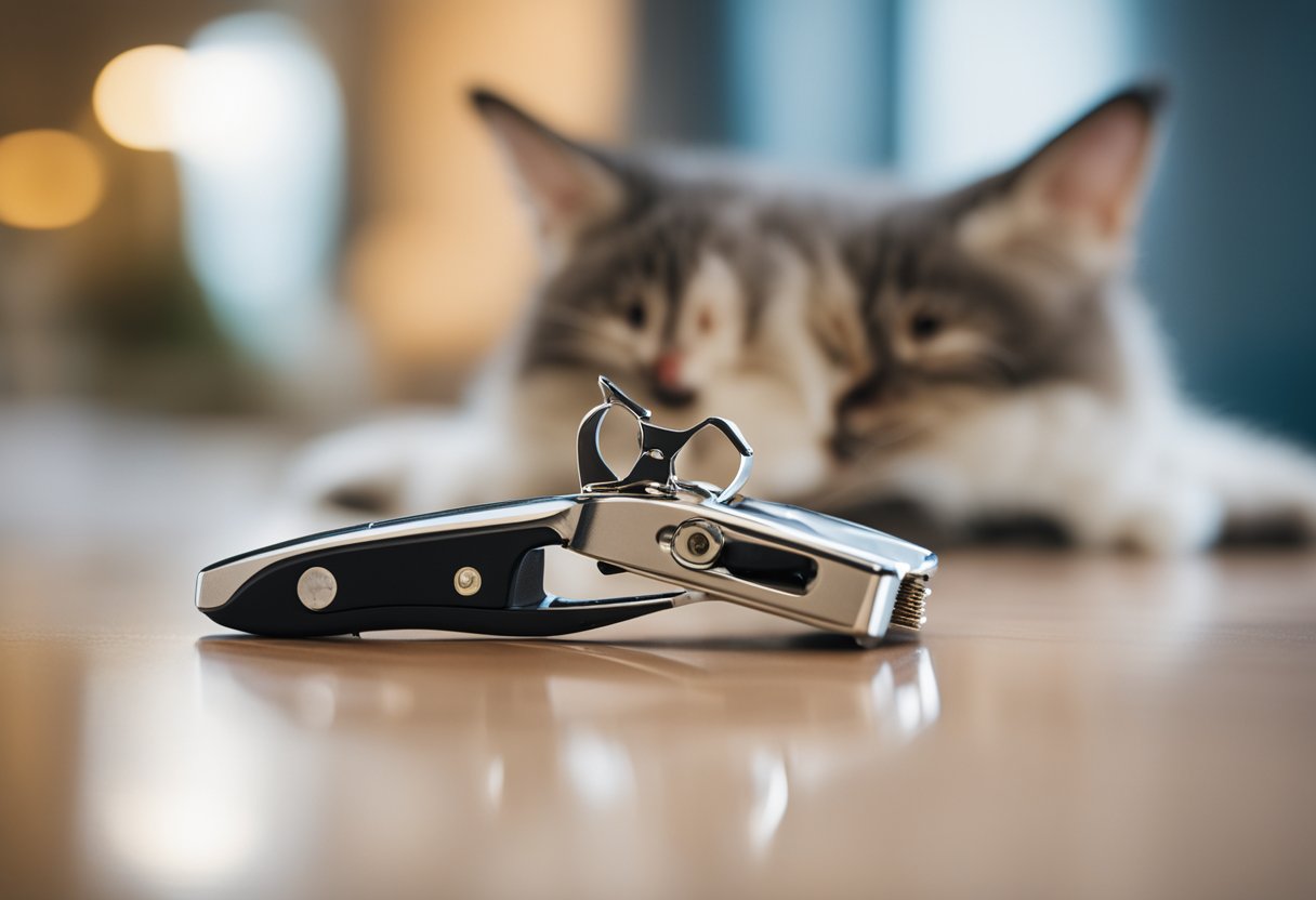 A pair of cat nail clippers lying on a table with a curious cat nearby