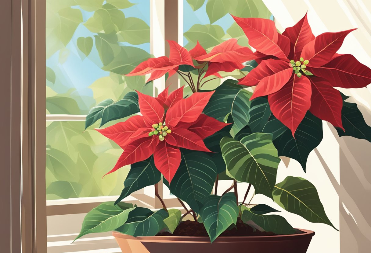 Poinsettia plant with curling, falling leaves in a pot on a windowsill. Sunlight streams in, casting shadows on the leaves