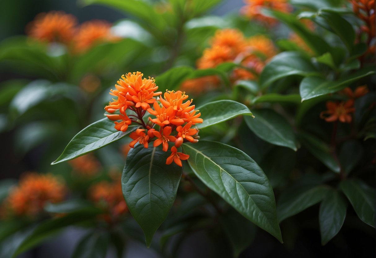 A small, compact Dwarf Firebush plant with vibrant red-orange tubular flowers, glossy green leaves, and a height of 2-3 feet