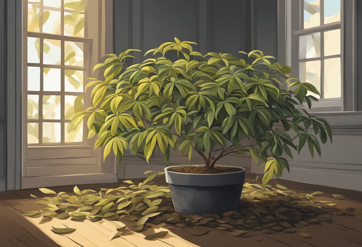 A schefflera plant with drooping, yellowing leaves, surrounded by fallen foliage and a dry, cracked soil in a dimly lit room