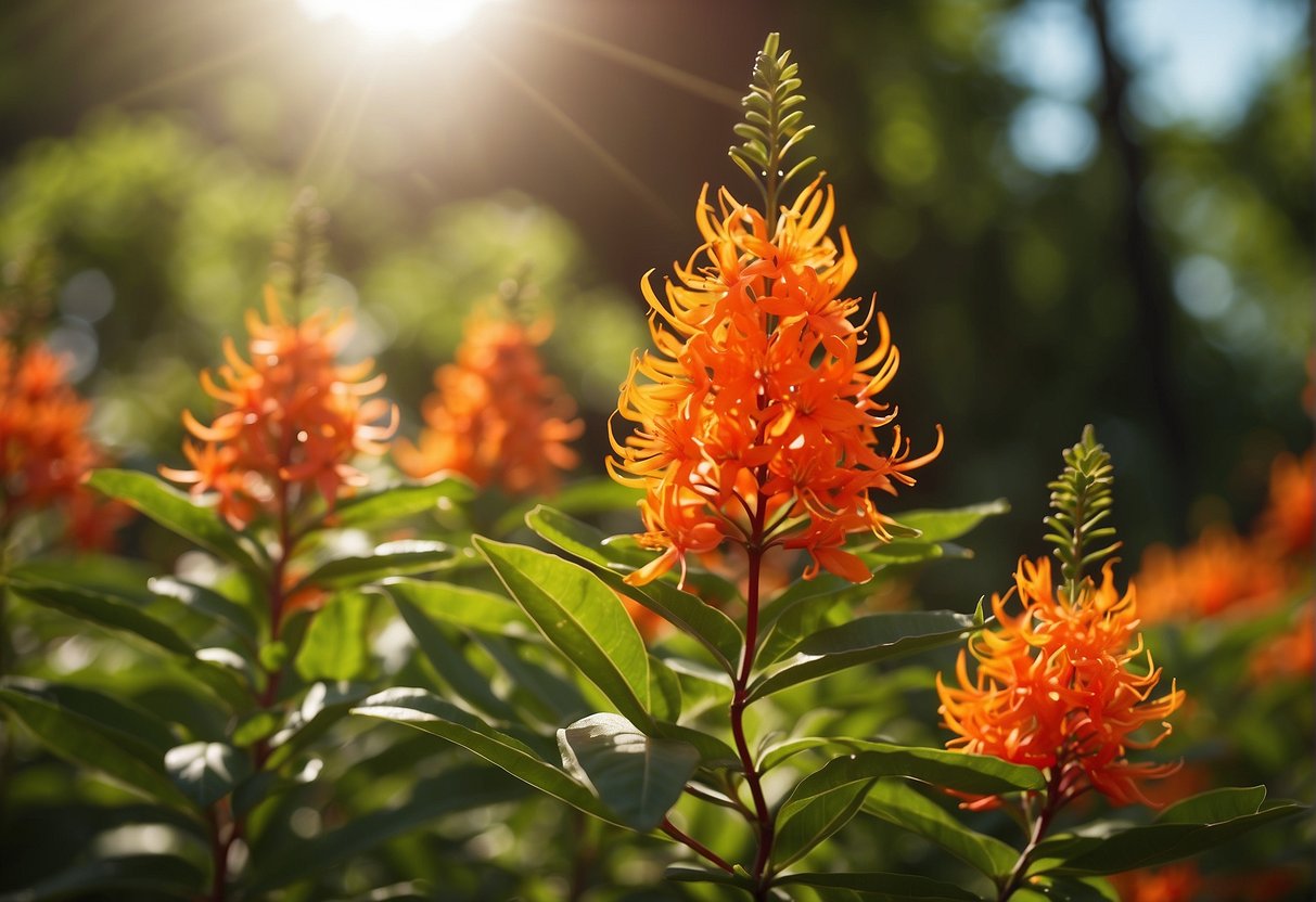 Lush greenery surrounds a vibrant firebush plant, its red-orange flowers glowing in the sunlight. Bees buzz around, pollinating the blossoms