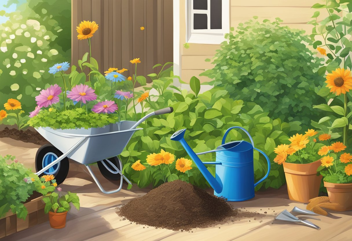 The garden is a tangle of tools and soil, with scattered seed packets and a watering can. A wheelbarrow sits empty, while the sun beats down on the vibrant green plants