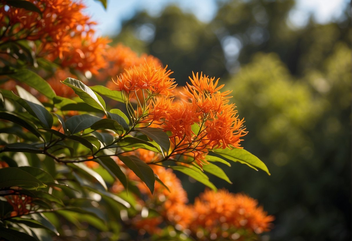 Sunlight filters through the dense foliage, illuminating the vibrant red-orange firebush. Pruning shears trim back overgrown branches, promoting healthy growth