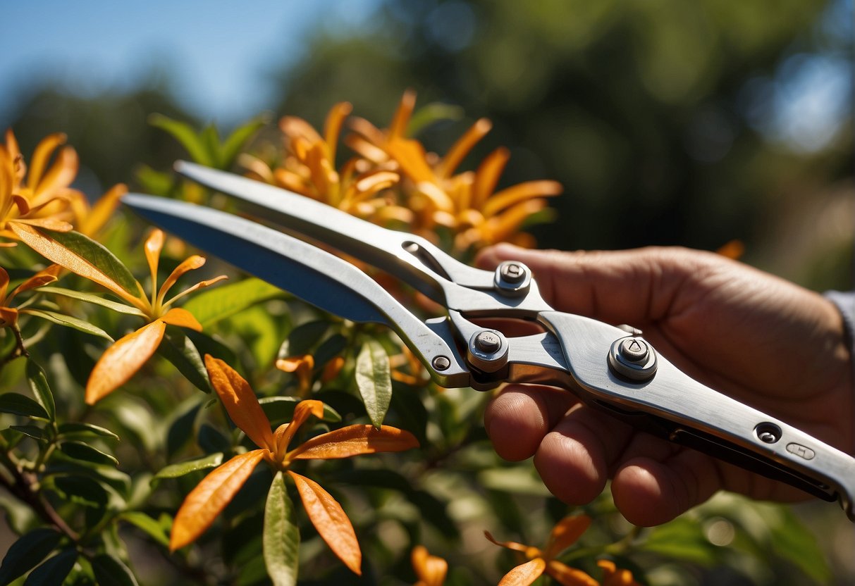 A pair of pruning shears cutting back a vibrant firebush plant in a sunny garden setting