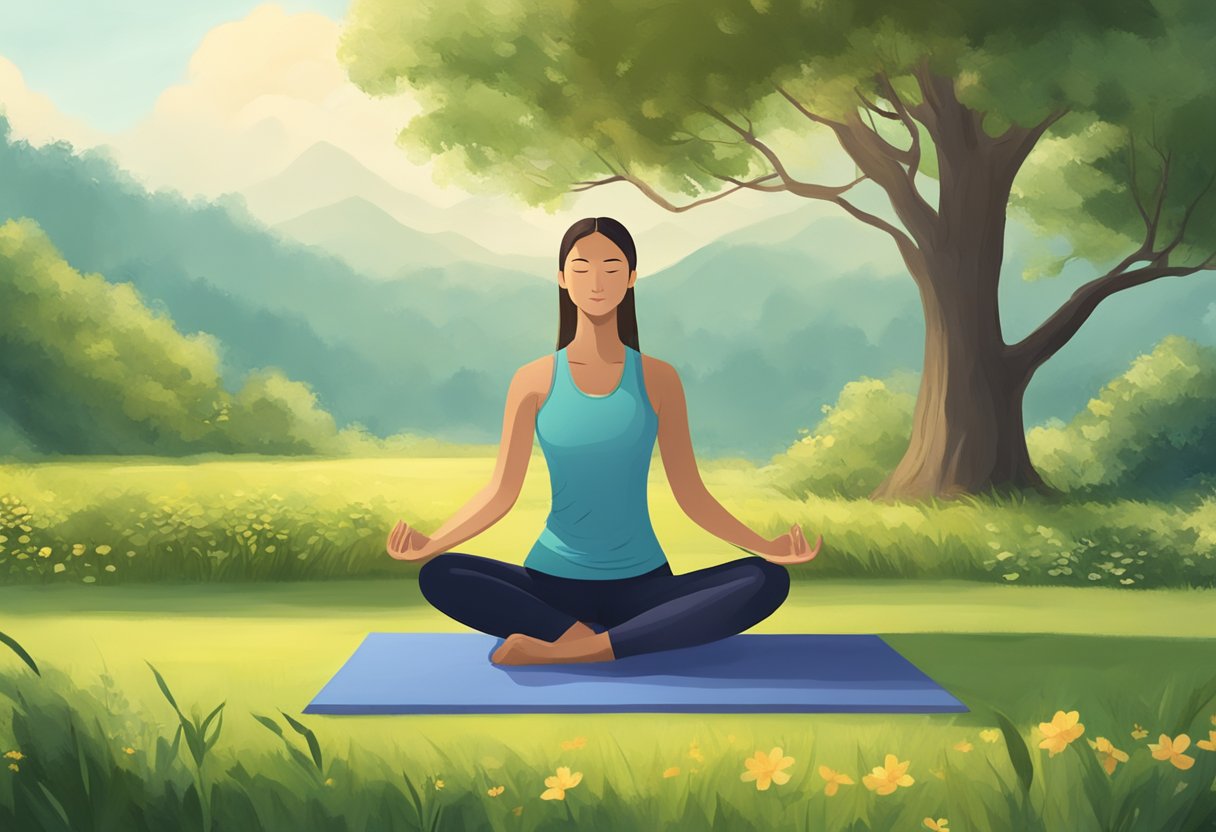 A serene setting with a person practicing yoga on a grassy patch, surrounded by nature, without using a mat