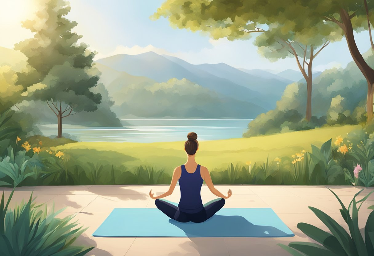 A serene outdoor setting with a clear, flat surface for practicing yoga poses without a mat. Surrounding nature provides a peaceful and grounding atmosphere for mat-free yoga practice