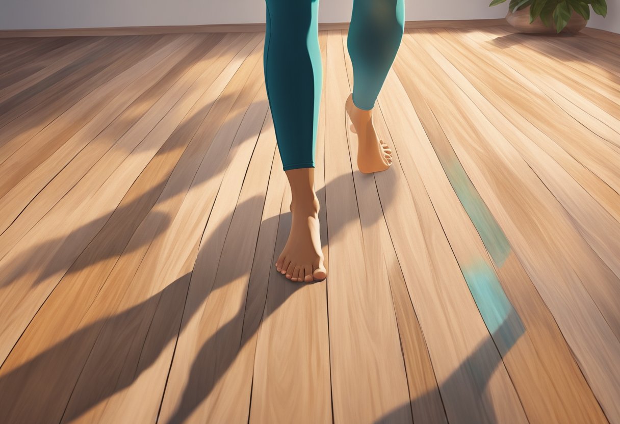 A person stands on a wooden floor, practicing yoga without a mat. The surface is smooth and polished, with natural variations in color and texture