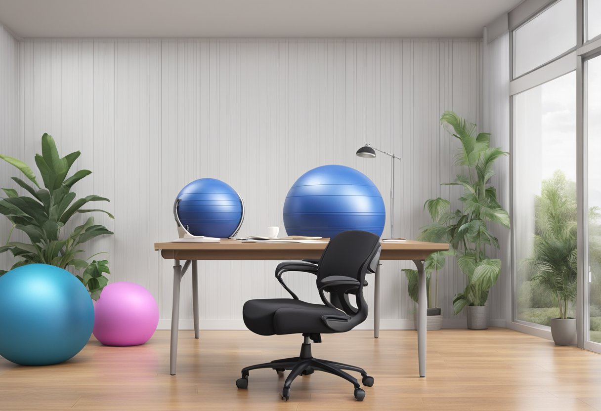 A yoga ball chair sits next to a traditional office chair. The yoga ball chair appears to offer a more dynamic and active seating option compared to the static traditional chair