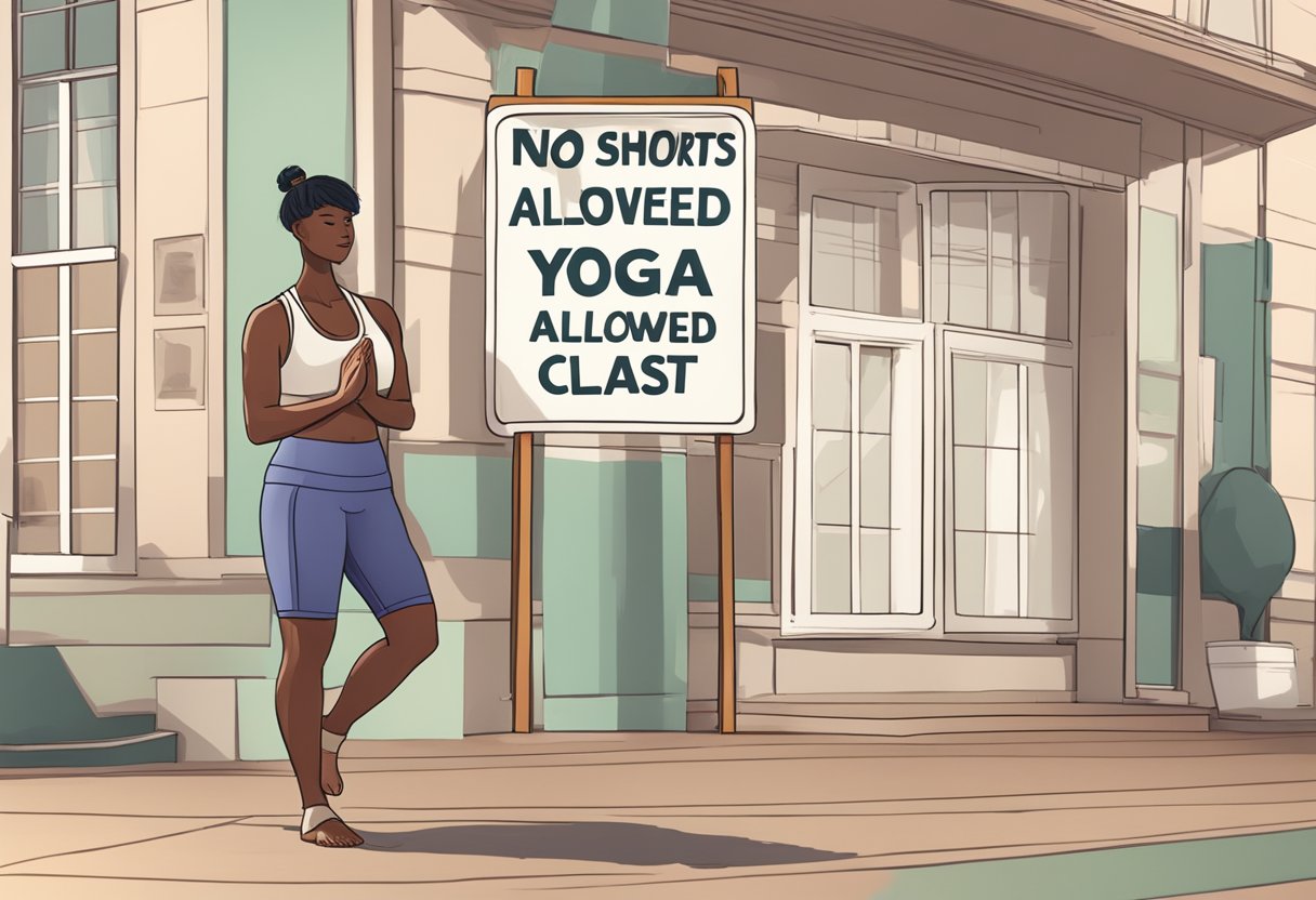 A person in yoga attire, standing in front of a sign reading "No shorts allowed in yoga class."