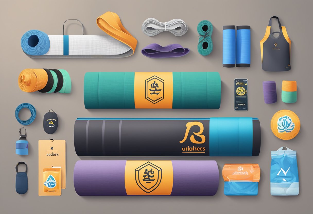 A yoga mat surrounded by various brand logos. A price tag and a pair of shorts next to it