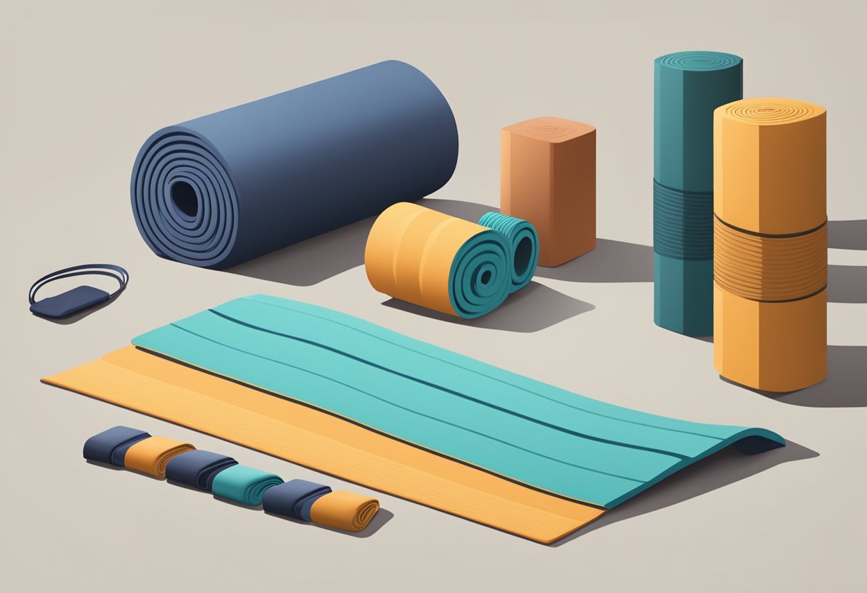 Yoga mat, blocks, and straps laid out with a pair of shorts nearby