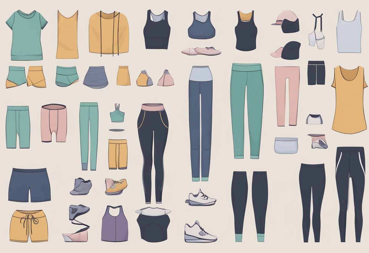 A variety of yoga outfits laid out, including shorts, leggings, and loose tops. Different props like blocks and straps are also present