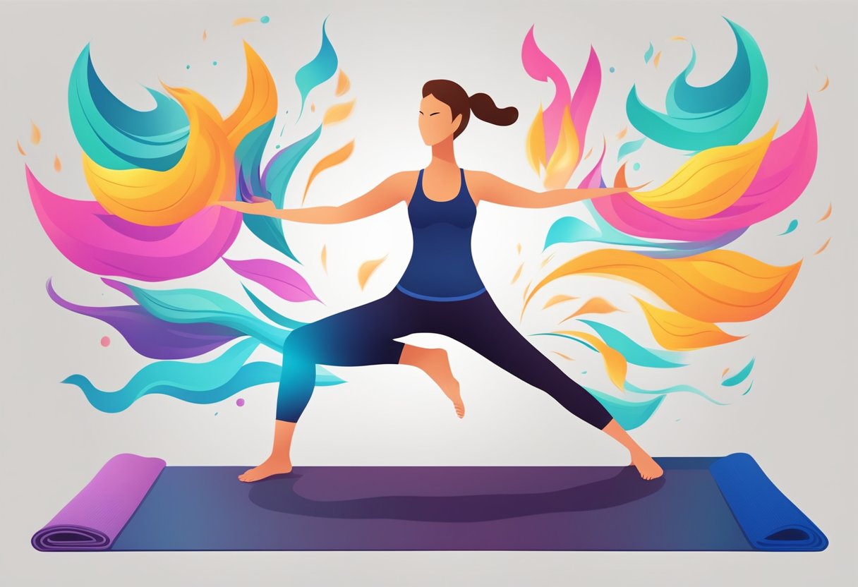 A yoga mat surrounded by burning calories in the form of vibrant flames