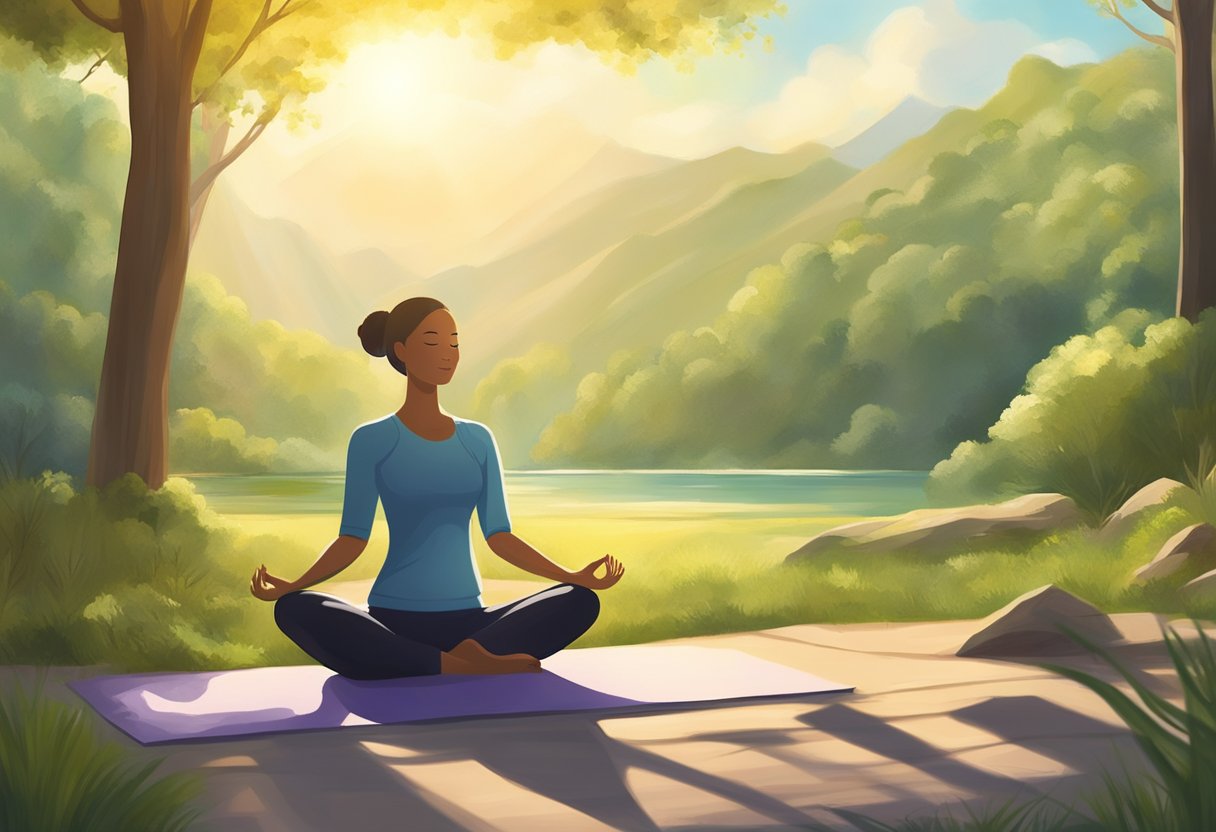 A serene figure practices yoga, surrounded by nature. The sun shines down, creating a peaceful and calming atmosphere