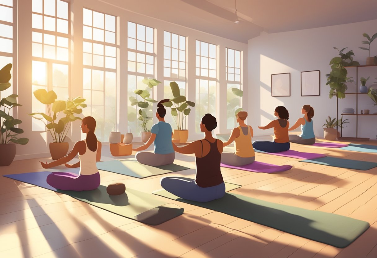 People engaging in yoga, with mats and props, in a serene studio setting. Sunlight streaming in, creating a peaceful and meditative atmosphere
