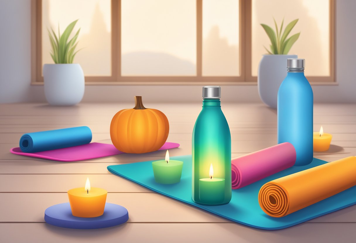A serene yoga mat surrounded by burning candles and a water bottle, with a calorie counter in the background