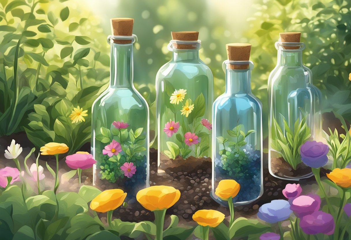 Glass bottles buried in garden soil, surrounded by greenery and flowers, with sunlight shining down on them