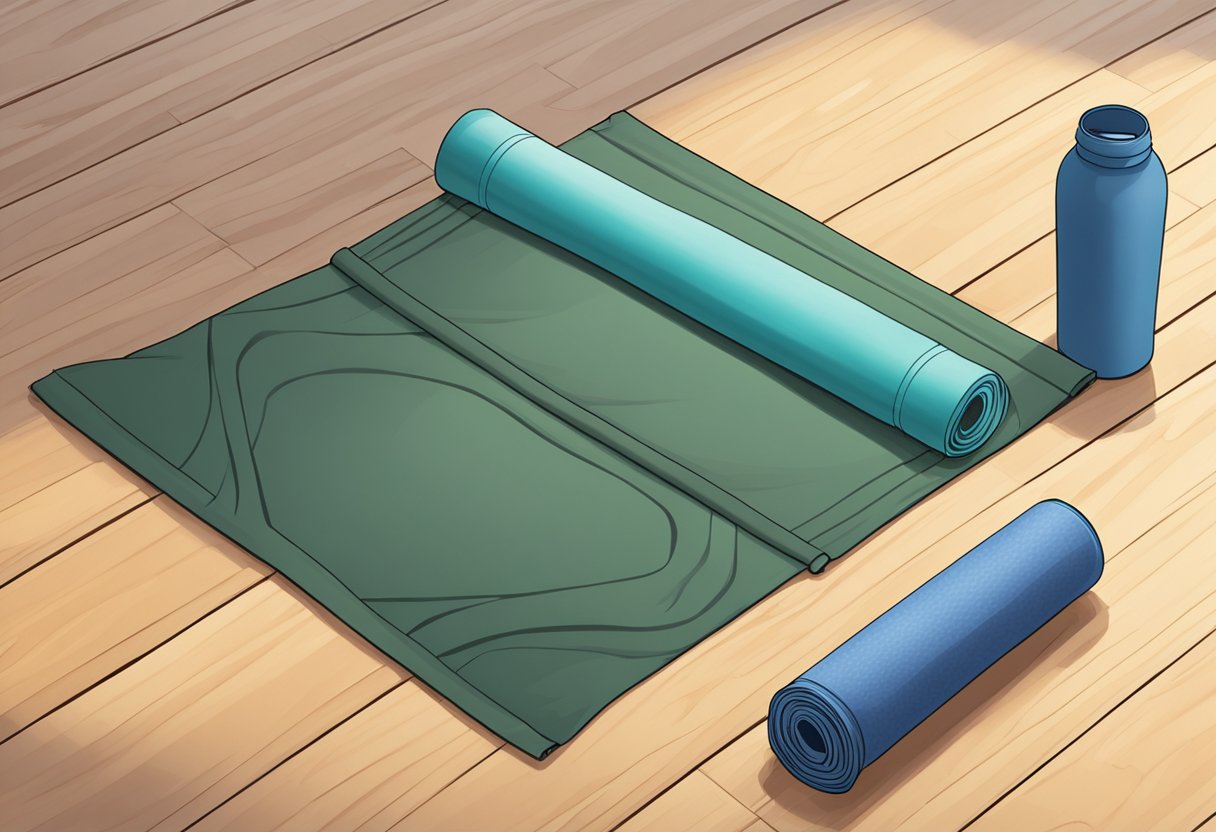 A pair of men's yoga shorts laid out on a wooden floor next to a rolled-up yoga mat and a water bottle
