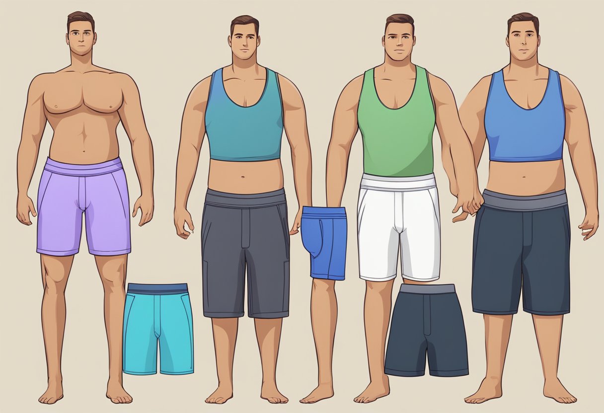A man holds up different sizes of yoga shorts, comparing the fit