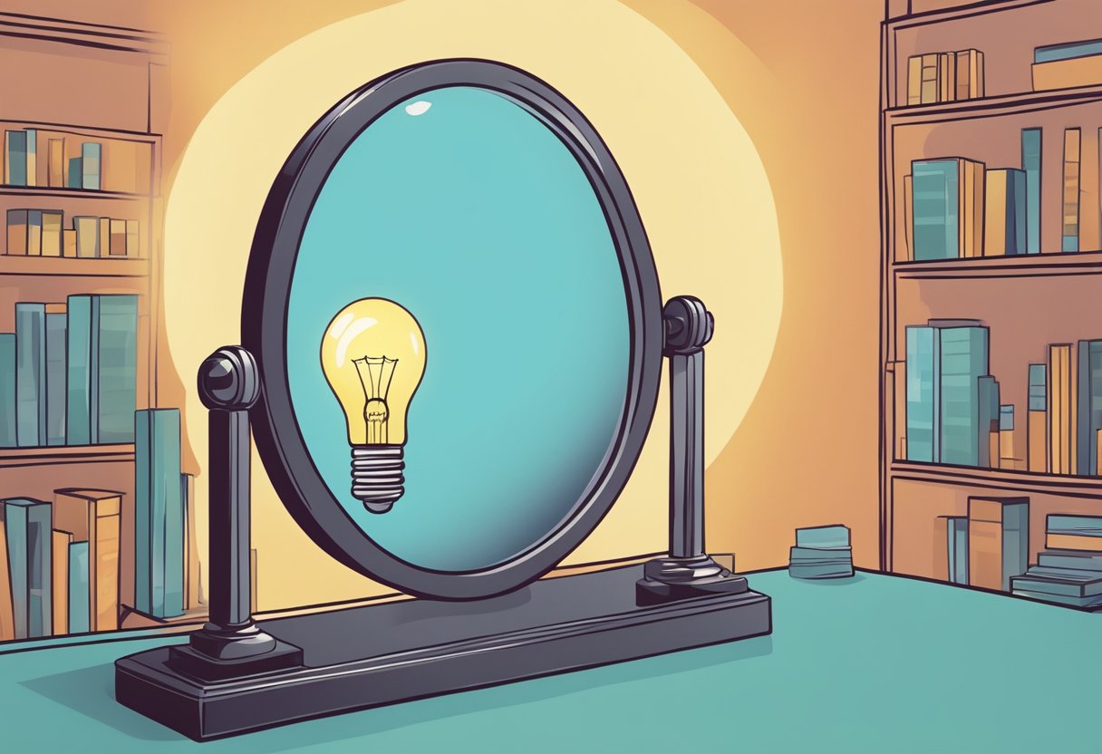 A mirror reflects a lightbulb turning on above a head, symbolizing the moment of self-awareness