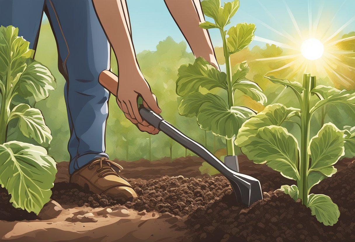 A hand holding a gardening tool, digging a hole in the soil. A rhubarb plant is being placed into the hole, with the sun shining overhead