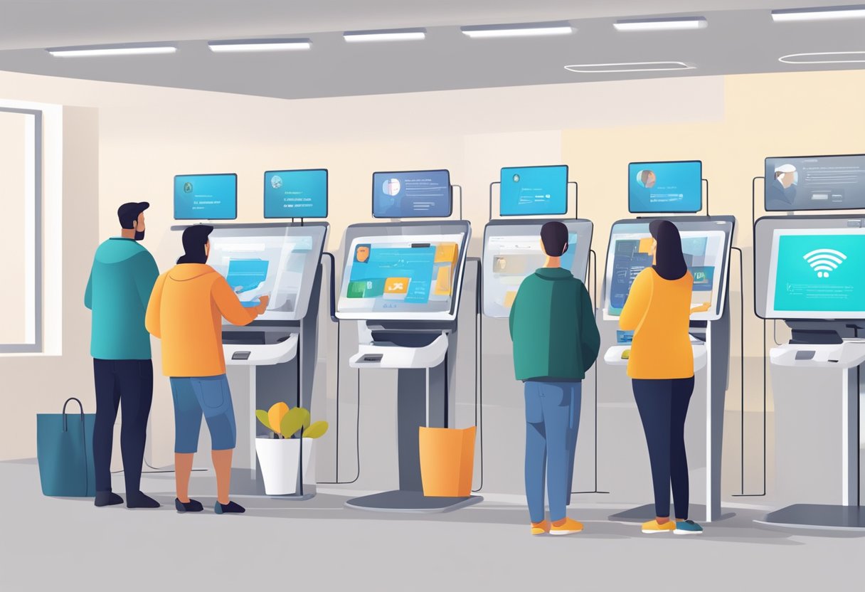 Customers using kiosks and digital screens to access support resources in a modern, self-service customer support environment