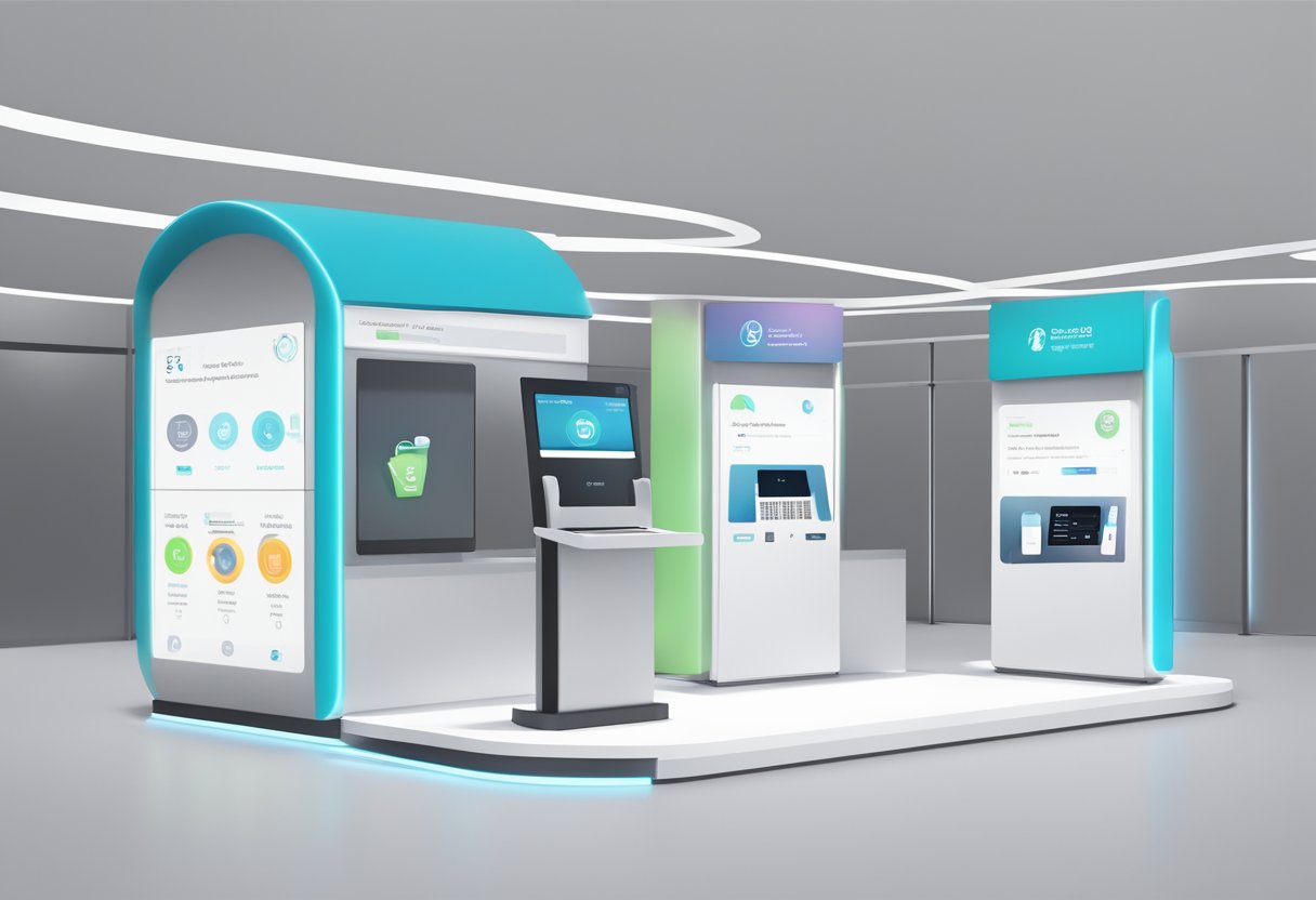 A sleek, modern kiosk with a touchscreen interface and automated service options for customer support