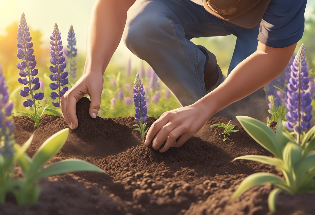 Lupine seeds being sown in rich, well-draining soil under bright sunlight, with a gardener gently pressing them into the ground