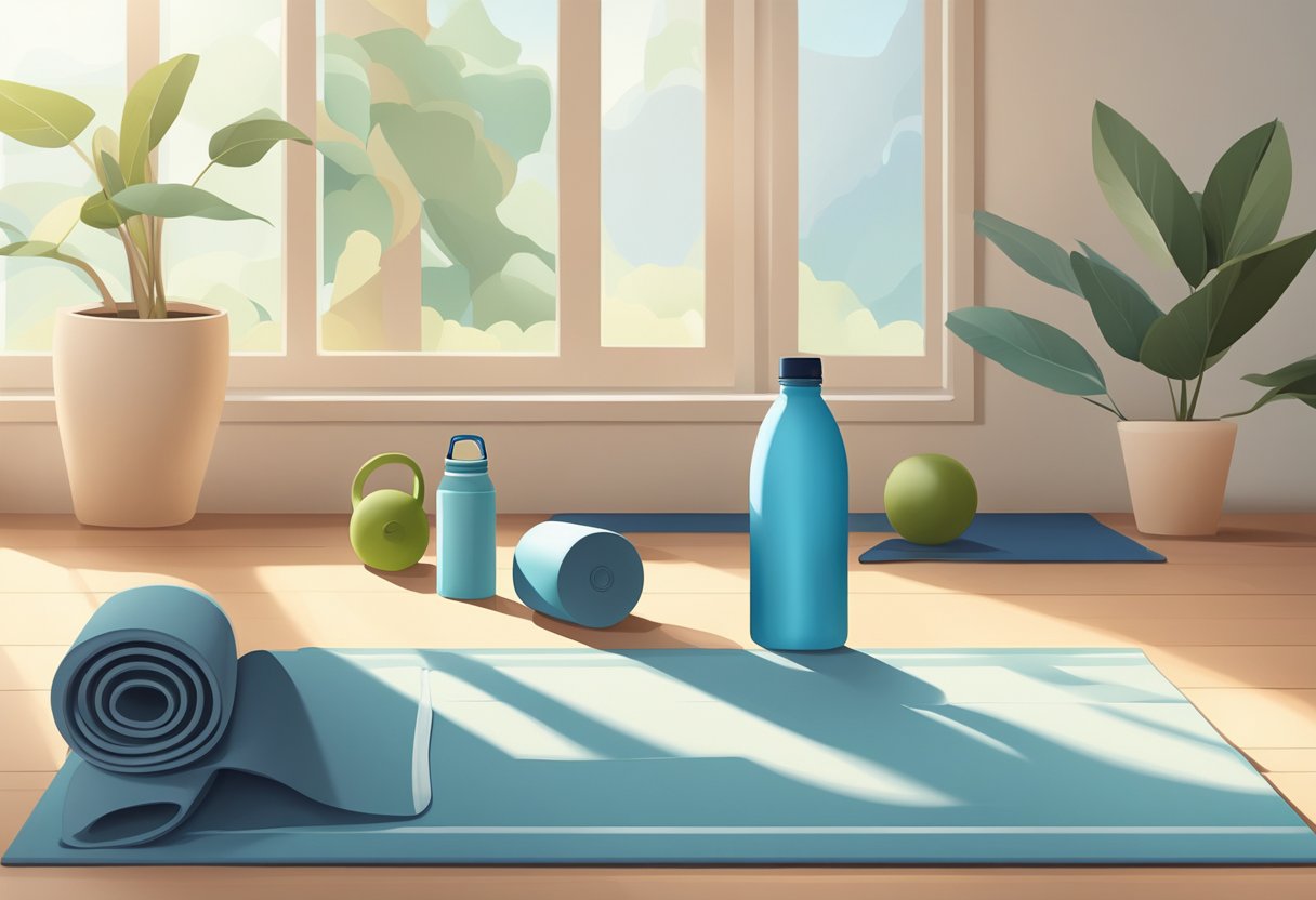 A yoga mat, water bottle, and comfortable activewear laid out in a peaceful, sunlit room