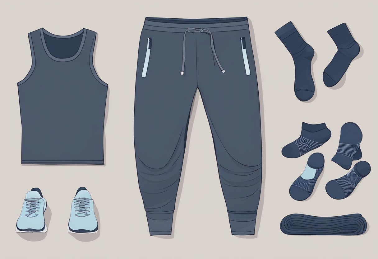 A male yoga practitioner's clothing laid out neatly: yoga pants, breathable tank top, and non-slip socks
