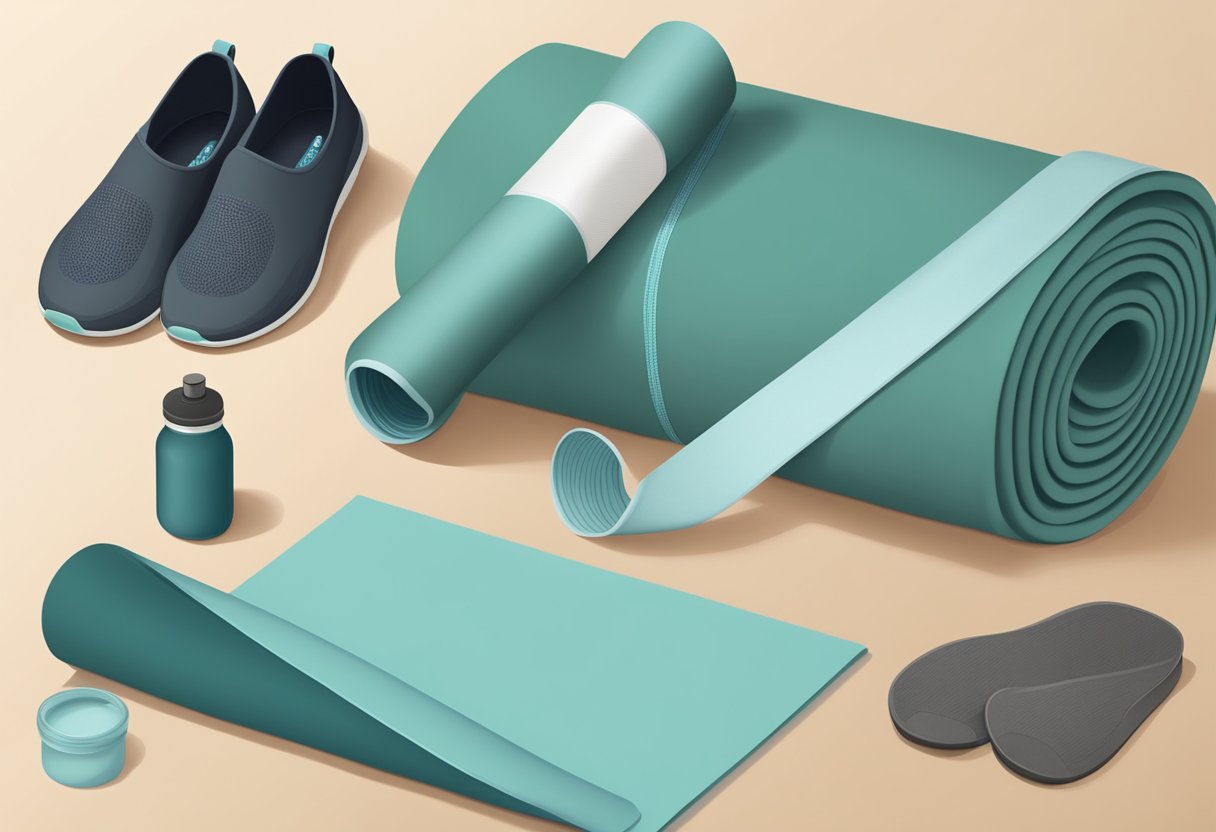 A yoga mat, block, strap, and water bottle are laid out next to a pair of comfortable yoga pants and slip-on shoes