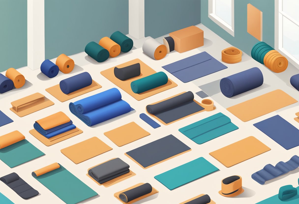 Yoga mats, blocks, and straps arranged for different types of yoga. Clothing options displayed for various yoga practices
