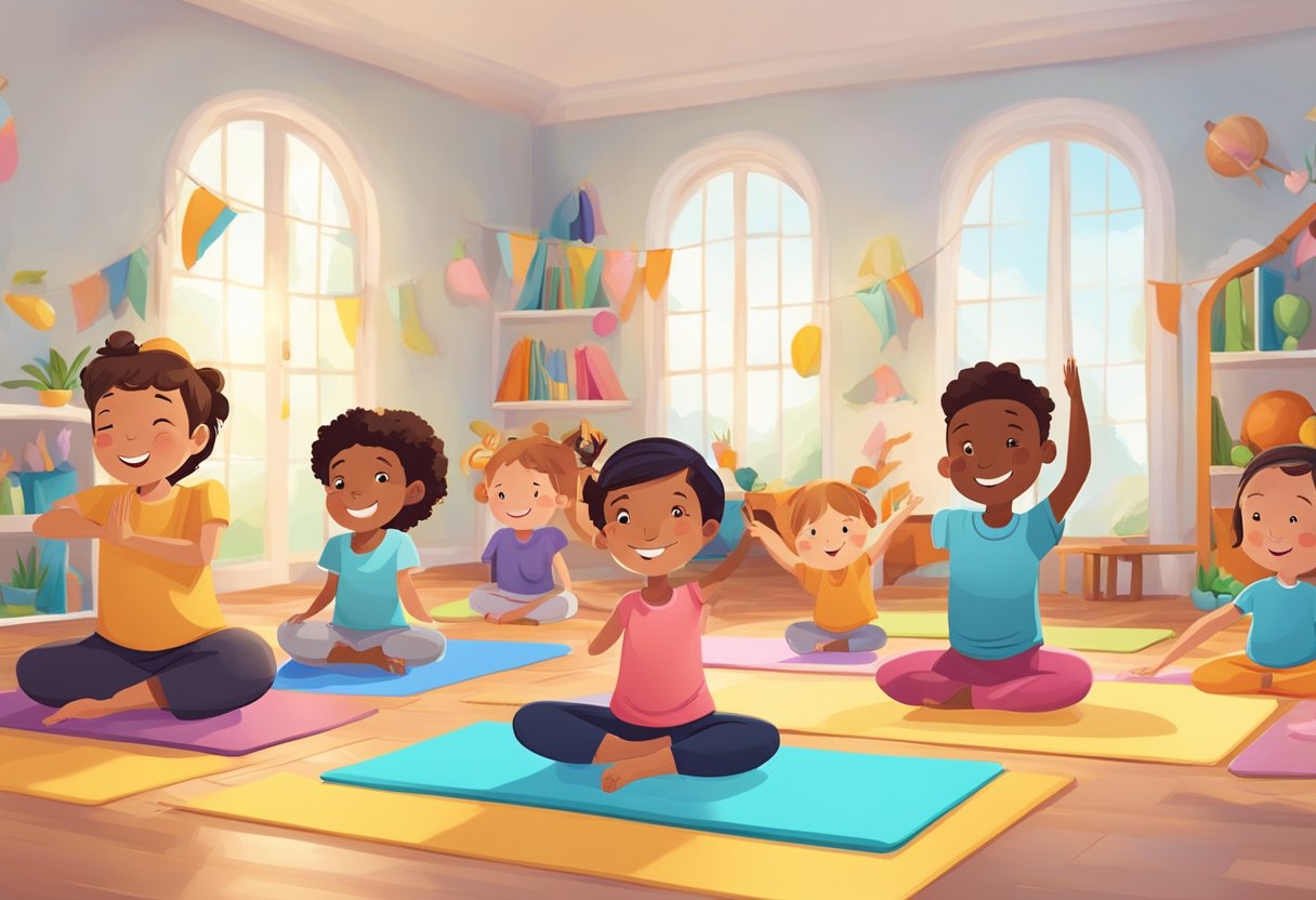A group of children practice yoga in a bright, spacious room with colorful mats and playful animal-themed props. The children are smiling and engaged in various yoga poses, creating a joyful and energetic atmosphere