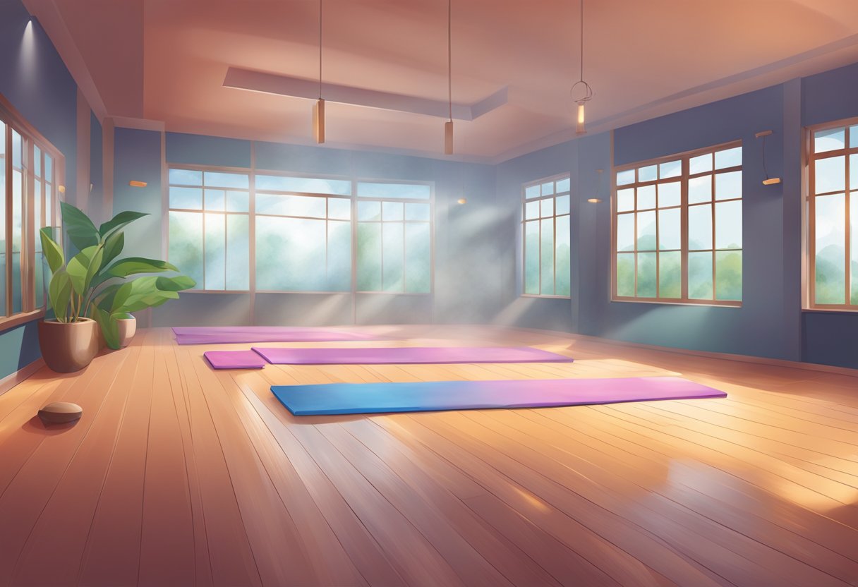 A steamy hot yoga room with beads of sweat glistening on the floor and the air thick with heat and humidity