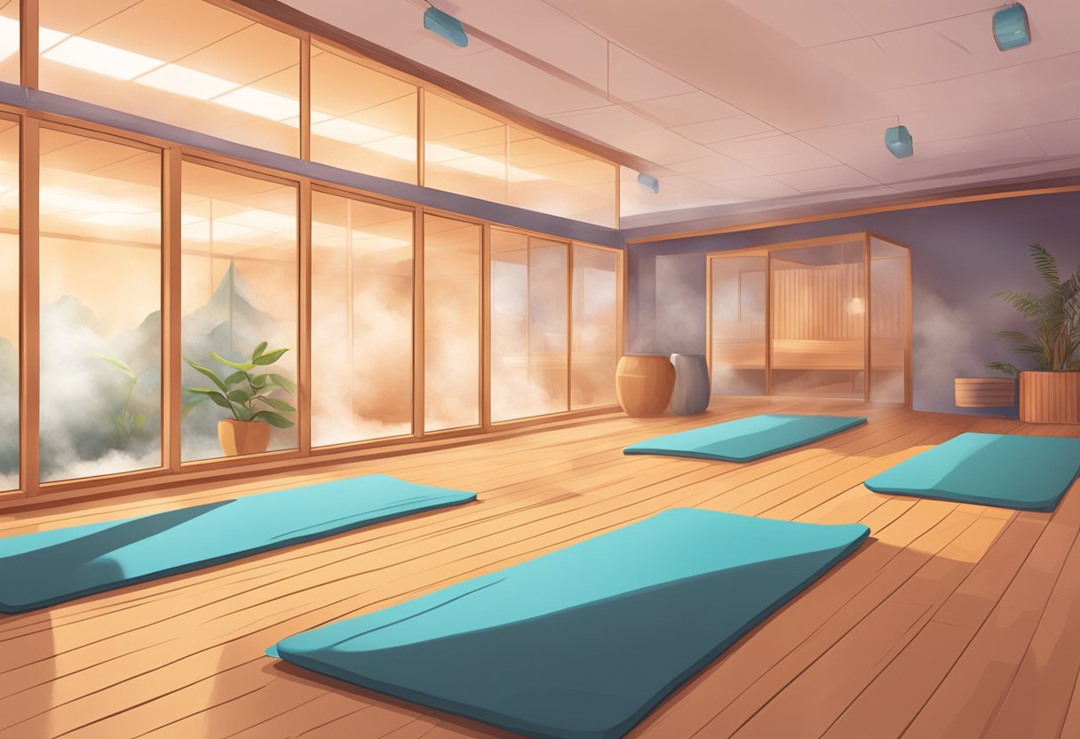 A hot yoga room is filled with steam and heat, creating a sauna-like environment. The temperature is around 100-105 degrees Fahrenheit, with a humidity level of 40-60%