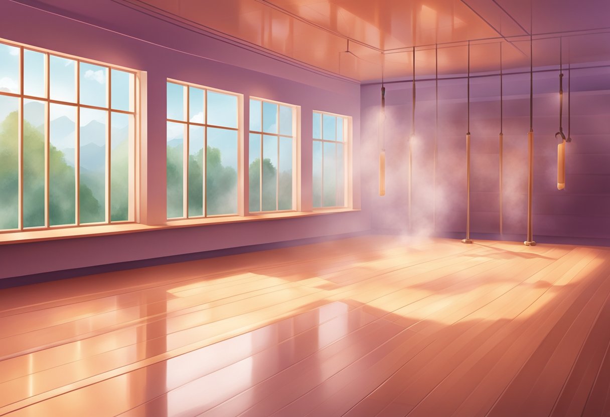 A steamy hot yoga room with sweat glistening on the floor and walls, the air heavy with heat and the scent of essential oils