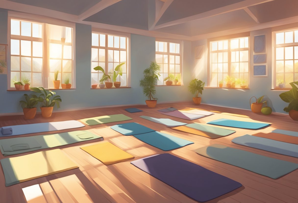 A yoga room with high temperature, visible sweat, and flushed faces. Mats and towels scattered on the floor. Sunlight streaming through windows